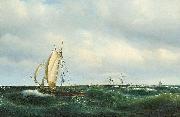 Stormfuld Eftermiddag i Skagerak. En dansk Jagt og forskjellige Skibe passere Skagen